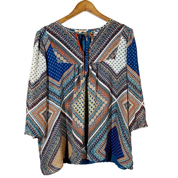 Gibson Latimer Tunic Peasant Top Casual 3/4 Sleeve Keyhole Loose Fit - L - Picture 1 of 4